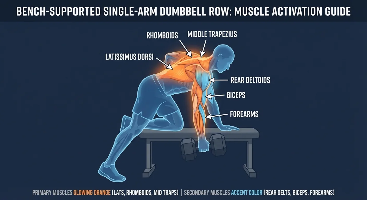 Supported row muscles worked: latissimus dorsi, rhomboids, middle trapezius, lower trapezius, and rear deltoids as the main back muscles, with biceps and forearms assisting