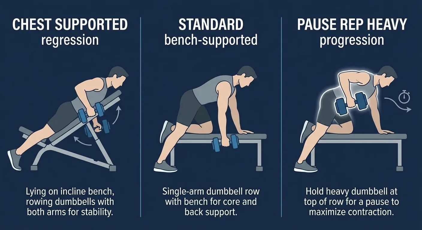 Supported row progressions from higher-support beginner rows to standard bench-supported rows, paused reps, and slow-eccentric rows