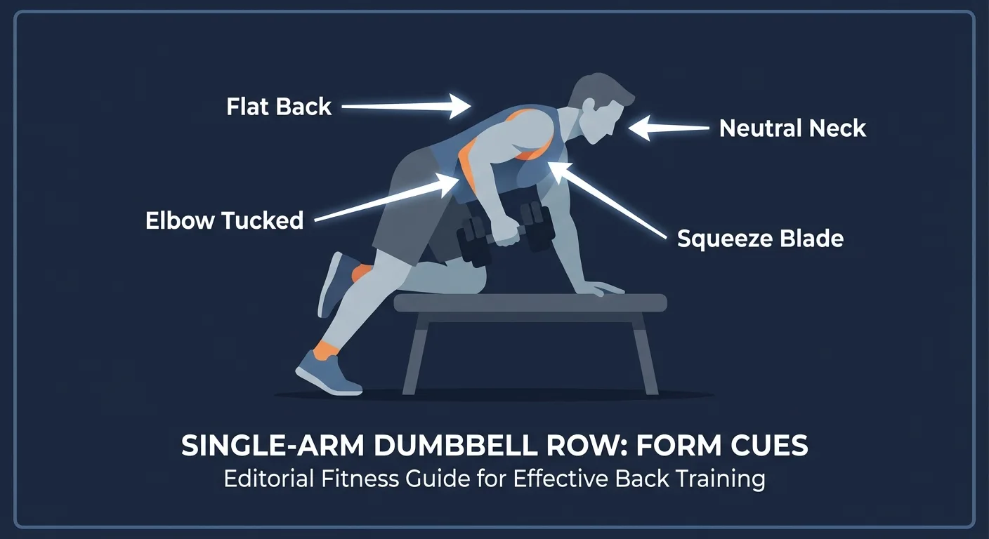 Supported row proper form: one hand and same-side knee braced on a bench, flat back, neutral neck, and elbow pulling close to the ribs