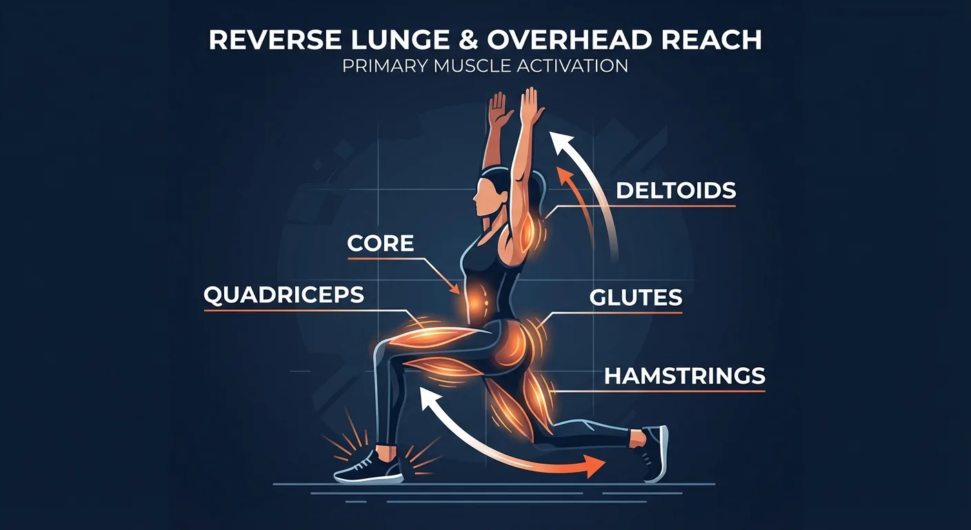 Swing-N-Lunge muscles worked: quadriceps, gluteus maximus, hamstrings, adductors, deltoids, upper back, and core during a reverse lunge with overhead reach