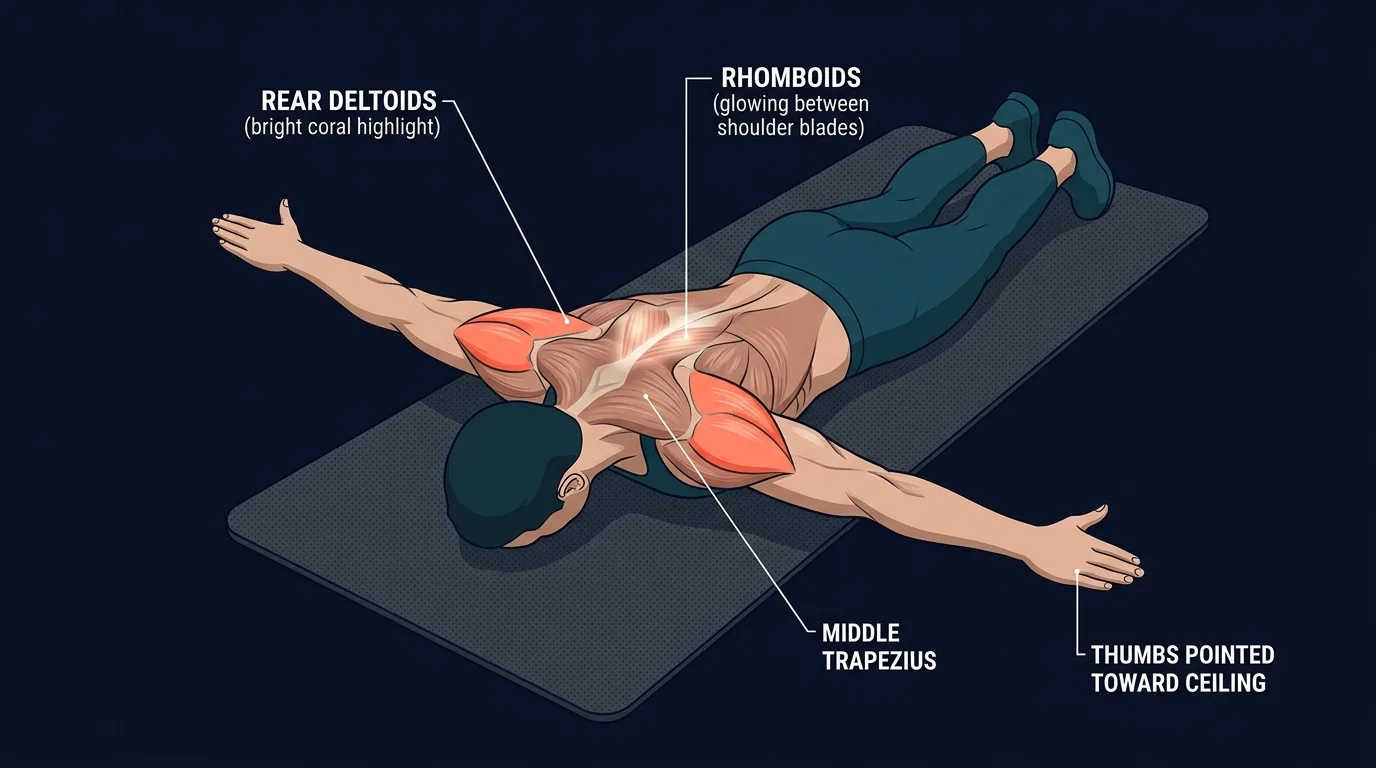 Prone T raise muscles worked: rear deltoids and middle trapezius as primary movers, with rhomboids, lower traps, and rotator cuff assisting shoulder control