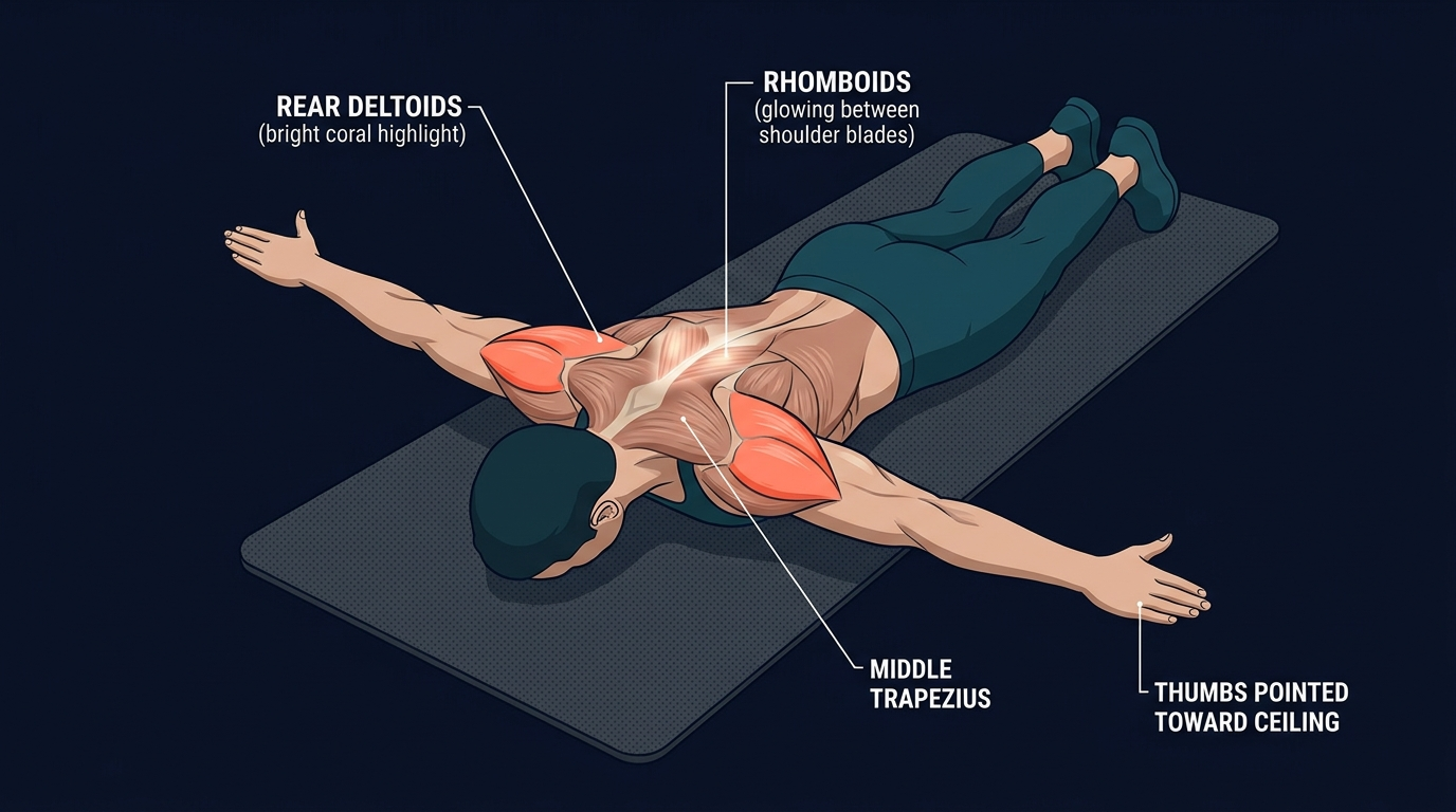Prone T raise muscles worked: rear deltoids and middle trapezius as primary movers, with rhomboids, lower traps, and rotator cuff assisting shoulder control