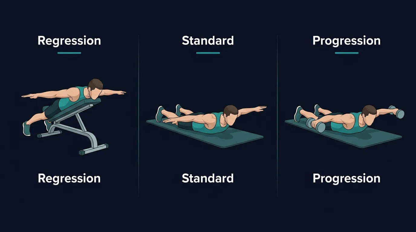 Prone T raise progression options from short-range bodyweight reps to isometric holds, incline bench T raises, and light weighted prone T raises