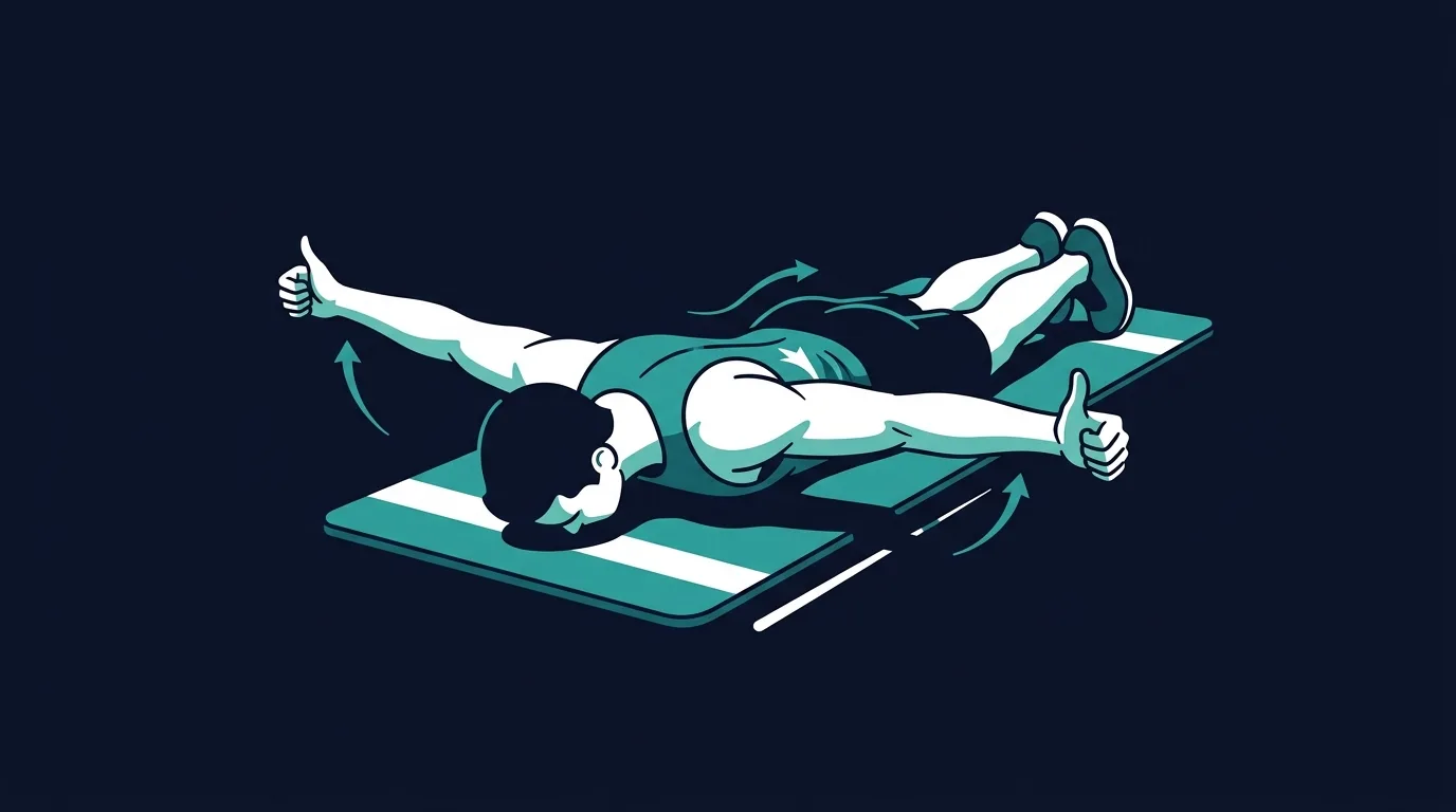 Prone T raise proper form showing a person face down with chest supported, arms lifted straight out to the sides, thumbs up, and shoulders pulled away from the ears