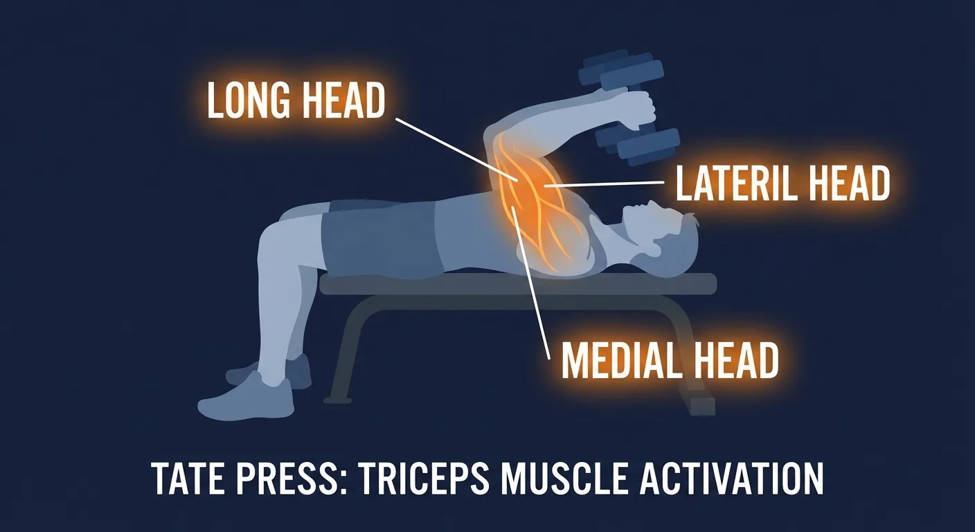 Tate press muscles worked: triceps long head, lateral head, and medial head as primary movers, with shoulder stabilizers supporting the upper arm