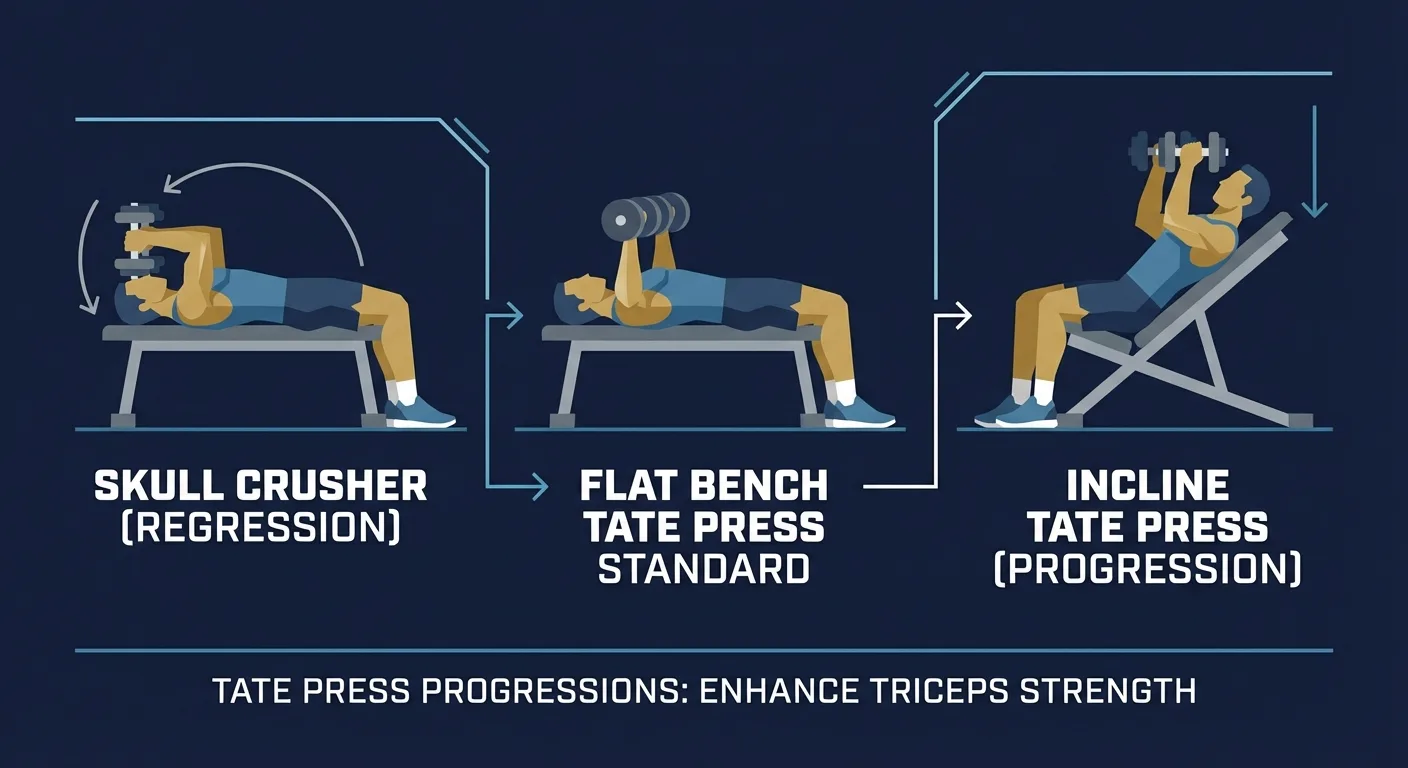 Tate press progression path showing skull crusher regression, standard flat-bench Tate press, paused reps, and incline Tate press progression