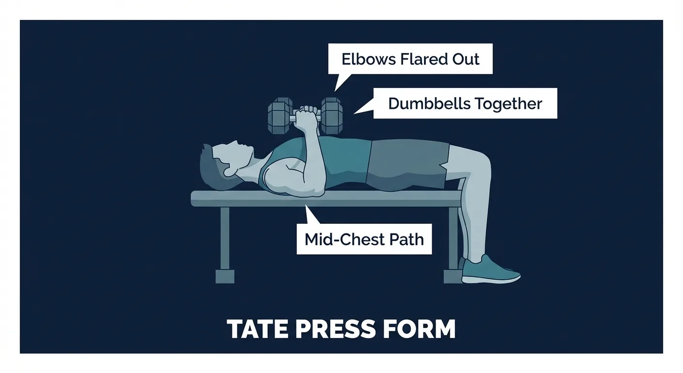 Tate press proper form on a flat bench with dumbbells close together, elbows flared out, and the weights lowering toward mid-chest