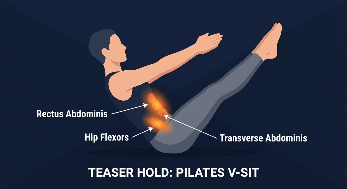 Teaser Hold muscles engaged: rectus abdominis and hip flexors as primary movers with transverse abdominis, obliques, spinal erectors, quadriceps, and deep hip stabilizers supporting the V-sit