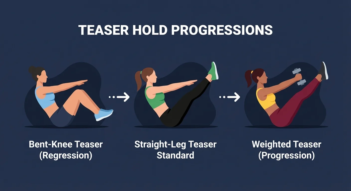 Teaser Hold variations showing bent-knee regression, standard straight-leg Teaser Hold, and advanced weighted progression