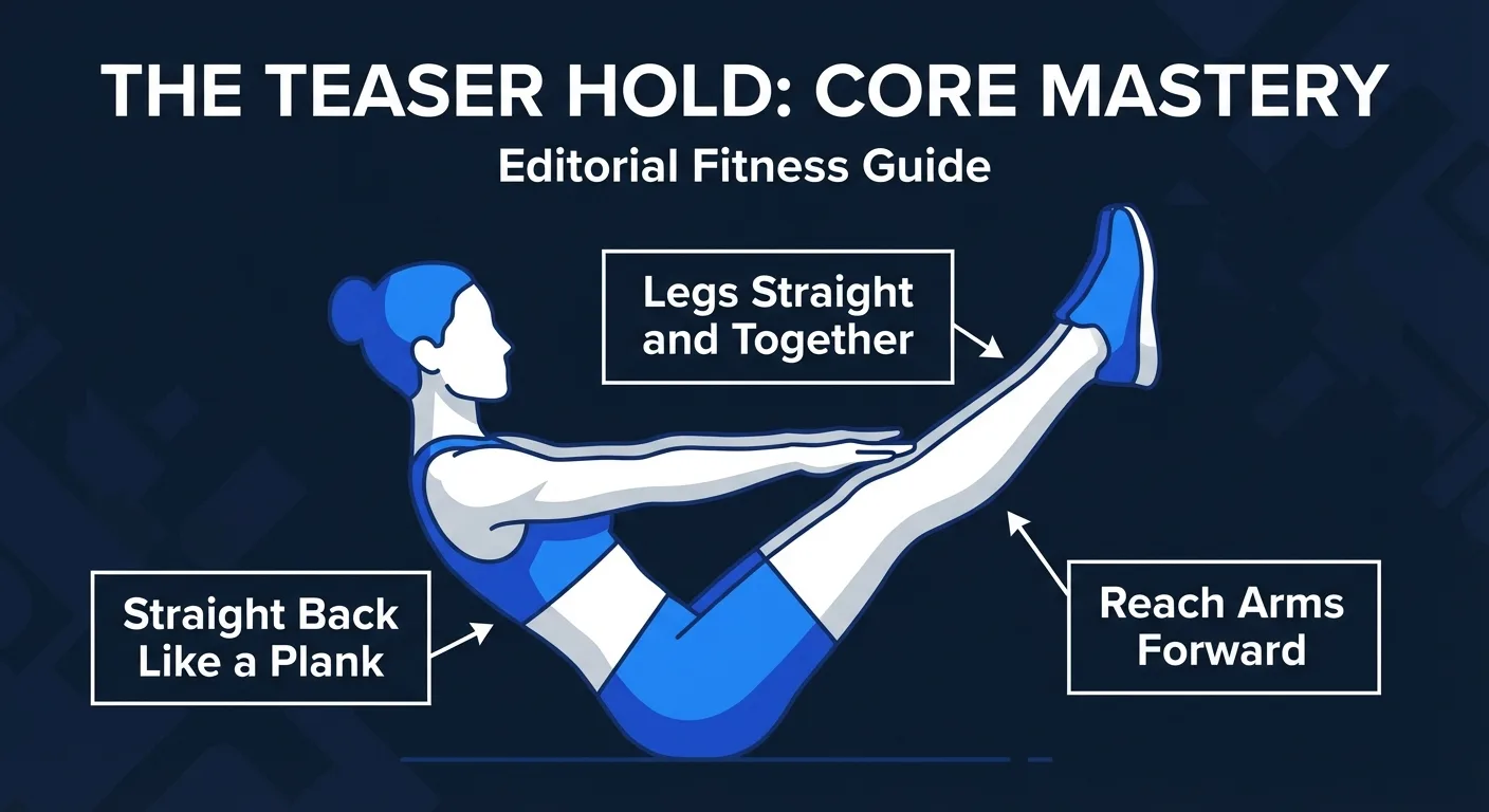 Teaser Hold proper form with straight legs lifted, long spine, relaxed shoulders, and arms reaching forward in a controlled Pilates V-sit