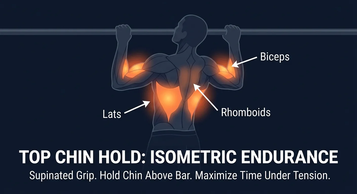 Top chin hold muscles activated: biceps brachii and latissimus dorsi as primary movers, with upper back, forearms, rotator cuff, and core stabilizing the hold