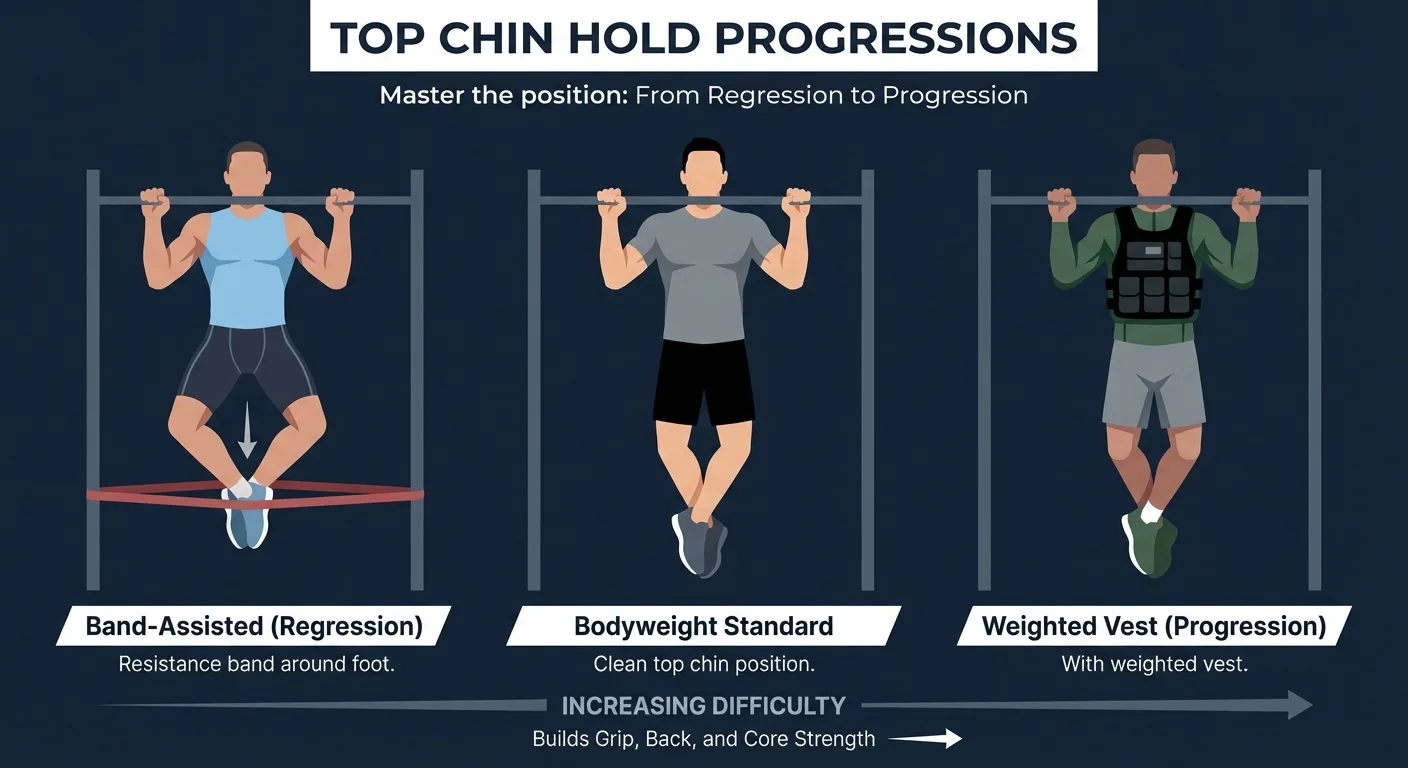 Top chin hold progressions showing band-assisted hold, bodyweight hold, and weighted vest hold above a pull-up bar