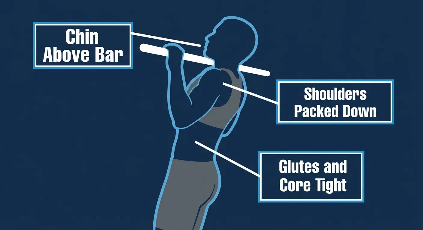 Top chin hold proper form showing chin above the pull-up bar, elbows bent, shoulders packed down, ribs braced, and legs still