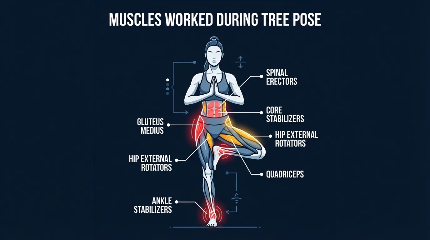 Tree pose muscles engaged: ankle stabilizers, gluteus medius, hip rotators, core stabilizers, and spinal erectors during single-leg balance