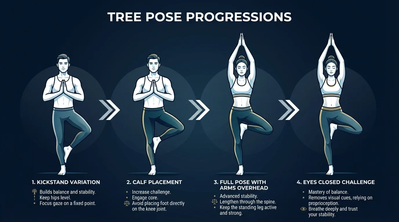 Tree pose progression from kickstand support to foot on calf, foot on inner thigh, arms overhead, and eyes-closed balance
