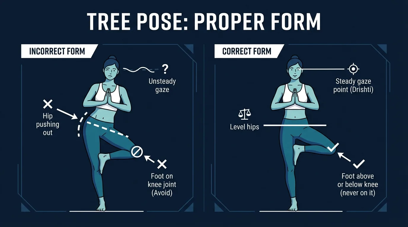 Tree pose proper form with the lifted foot on the inner thigh, hips level, shoulders relaxed, and gaze fixed forward