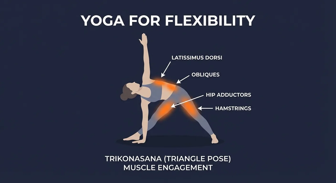 Triangle pose muscles engaged and stretched: hamstrings, adductors, obliques, spinal erectors, glutes, shoulders, and deep hip stabilizers