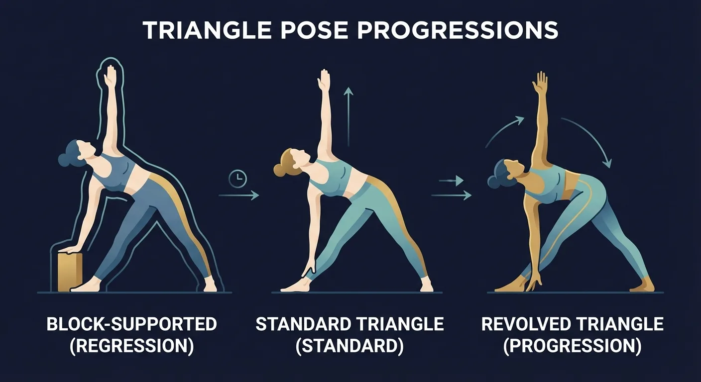 Triangle pose progressions from block-supported triangle to standard triangle to deeper yoga variations