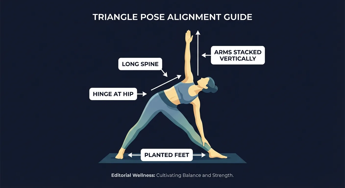 Triangle pose proper form with planted feet, long spine, hinged hip, open chest, and stacked arms
