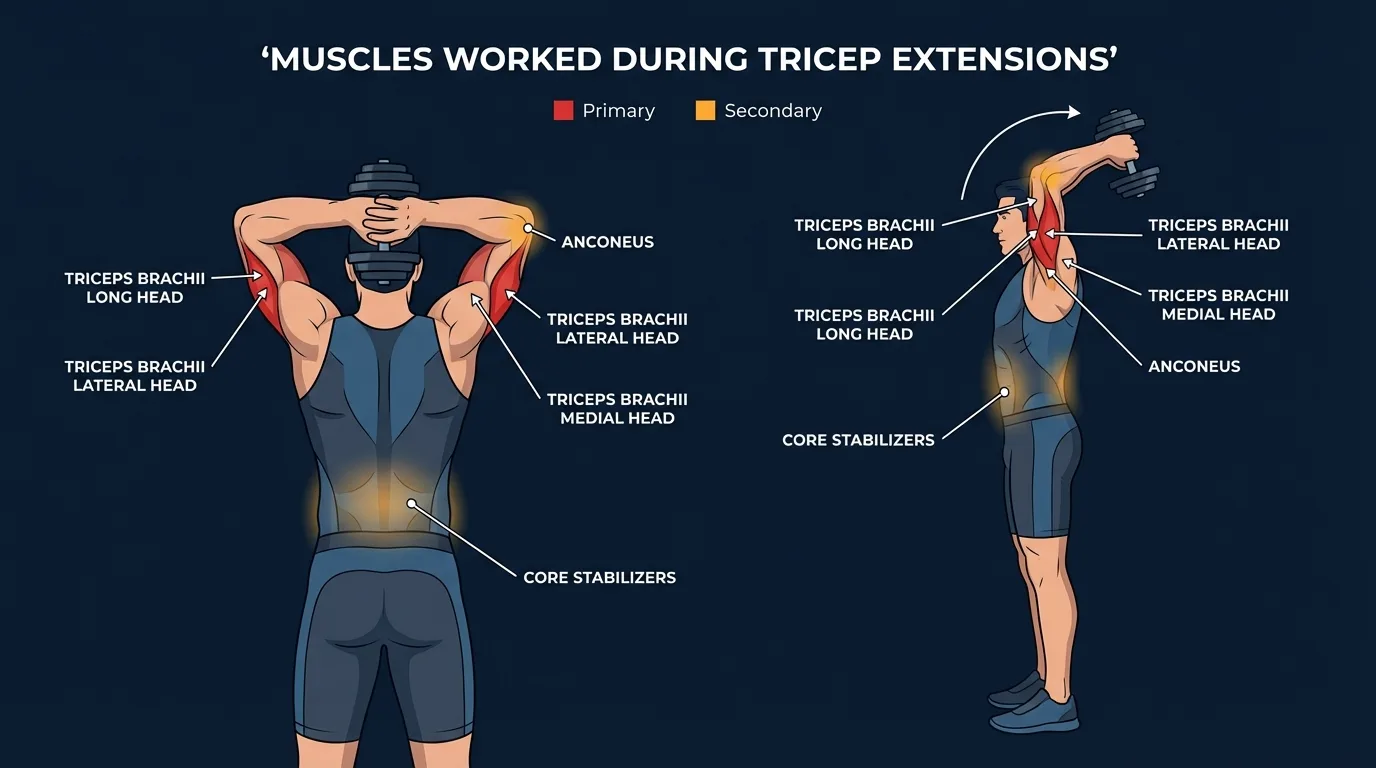 Tricep extension muscles targeted: long head, lateral head, and medial head of the triceps brachii as primary movers, with shoulder and core stabilizers