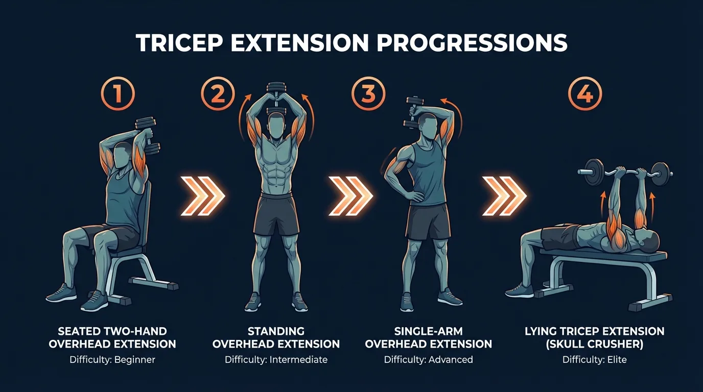 Tricep extension progression path from seated two-hand overhead extensions to standing, single-arm, two-dumbbell, and lying skull-crusher variations