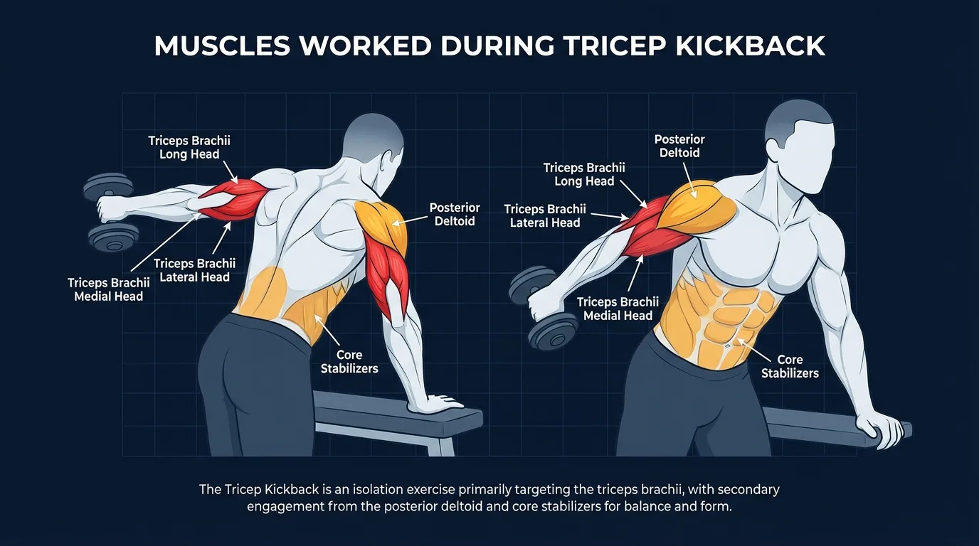 Tricep kickback muscles targeted: triceps brachii as the primary mover, with posterior deltoids, rotator cuff, and upper back stabilizing the shoulder