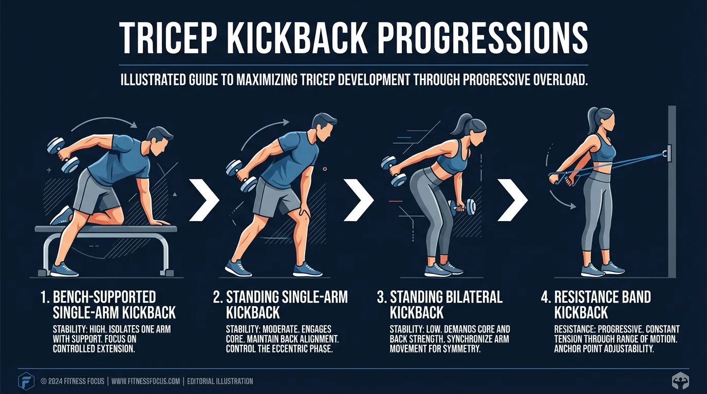 Tricep kickback progression path from bench-supported single-arm kickback to standing two-arm kickback, band kickback, and cable kickback