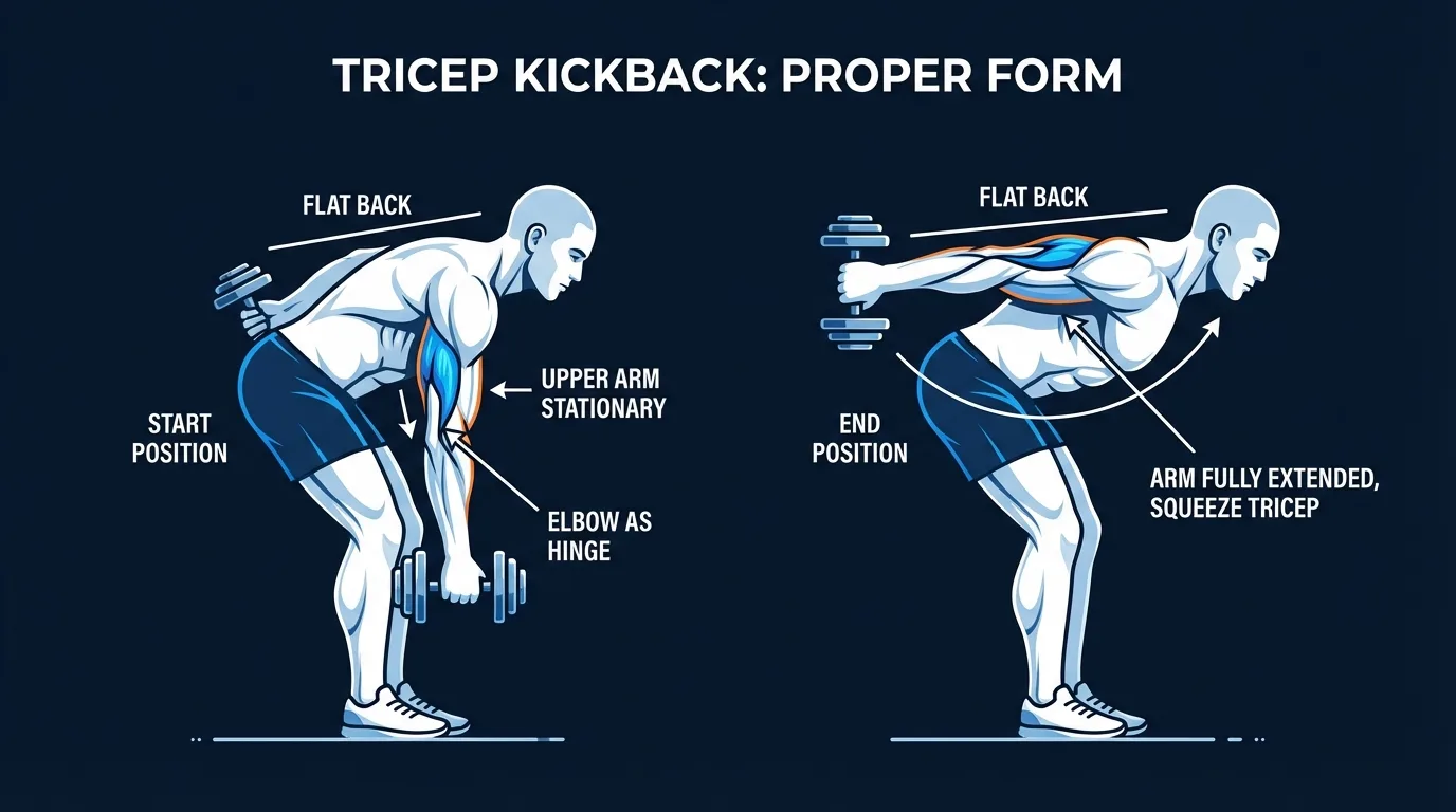 Tricep kickback proper form: torso hinged, upper arm pinned beside the ribs, elbow extending from a 90-degree bend to full lockout