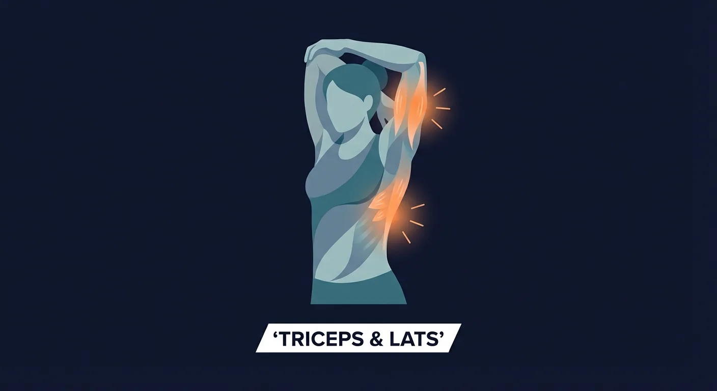Tricep-n-lat stretch areas mobilized: triceps long head, latissimus dorsi, teres major, posterior shoulder, and side ribs during an overhead hold