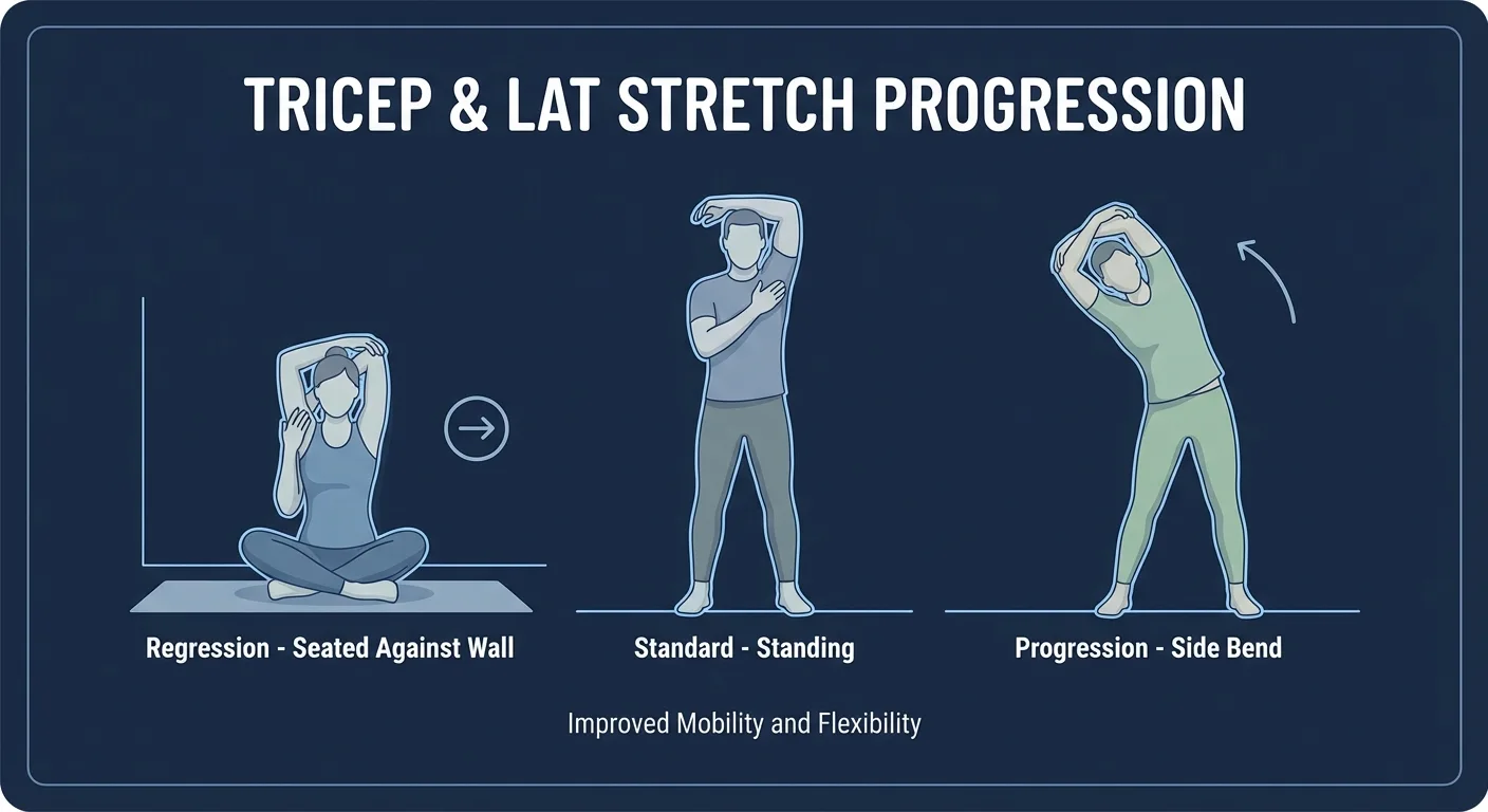 Tricep-n-lat stretch progressions showing seated support, standard overhead hold, and side-bend variation for deeper lat mobility
