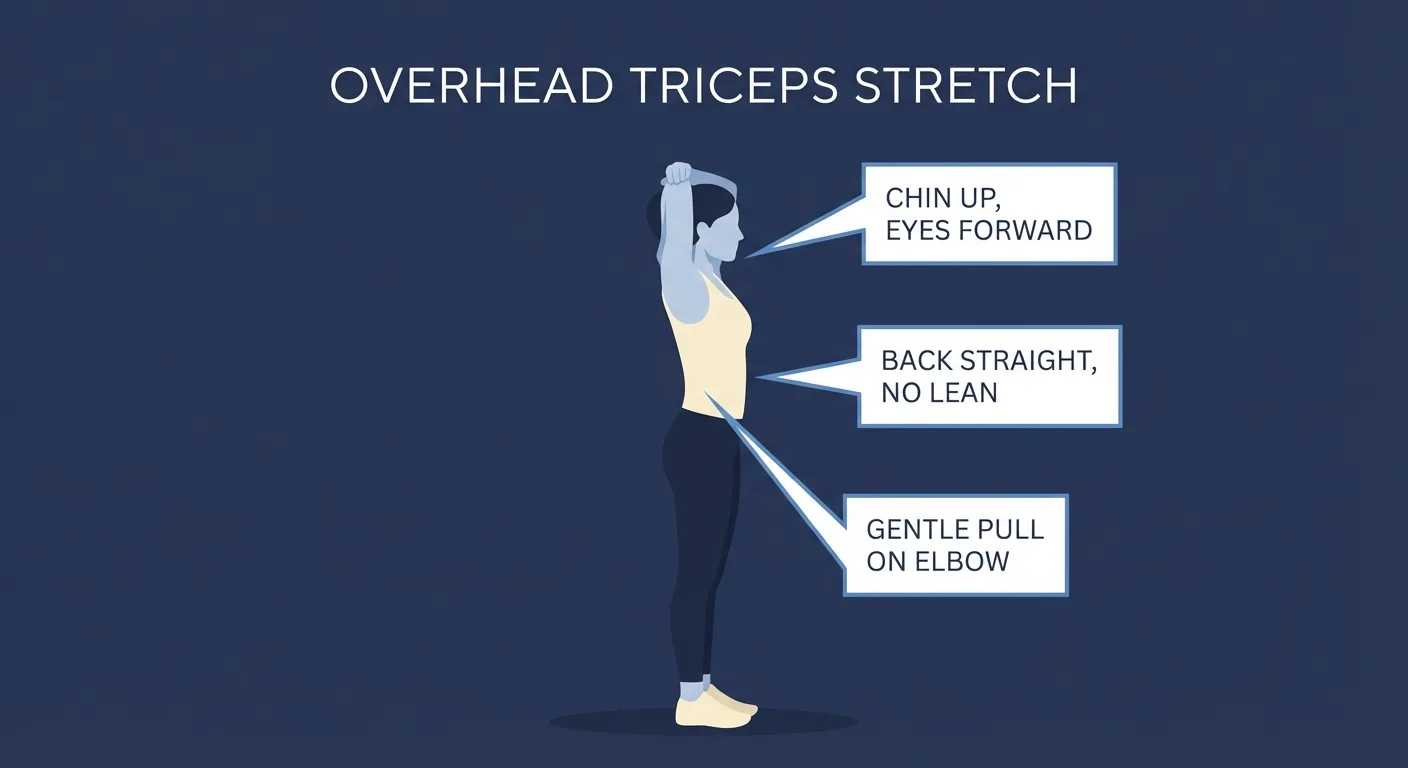 Tricep-n-lat stretch proper form with tall posture, ribs stacked, elbow guided inward, and shoulder kept pain-free