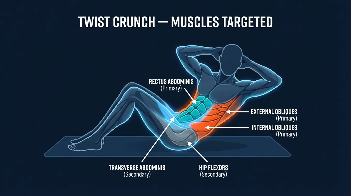 Twist crunch muscles targeted: internal obliques, external obliques, rectus abdominis, and transverse abdominis during controlled ribcage rotation