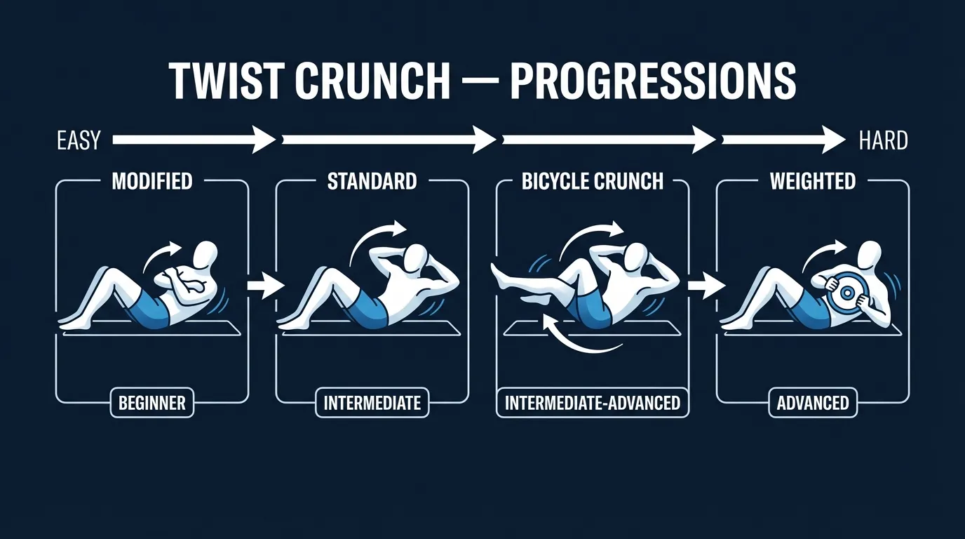 Twist crunch progression path from modified twist crunch to standard twist crunch, bicycle crunch, weighted twist crunch, and cable rotation