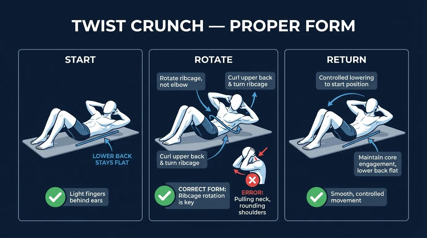 Twist crunch proper form showing light fingertips behind the ears, ribcage rotation toward the opposite knee, and controlled return to neutral