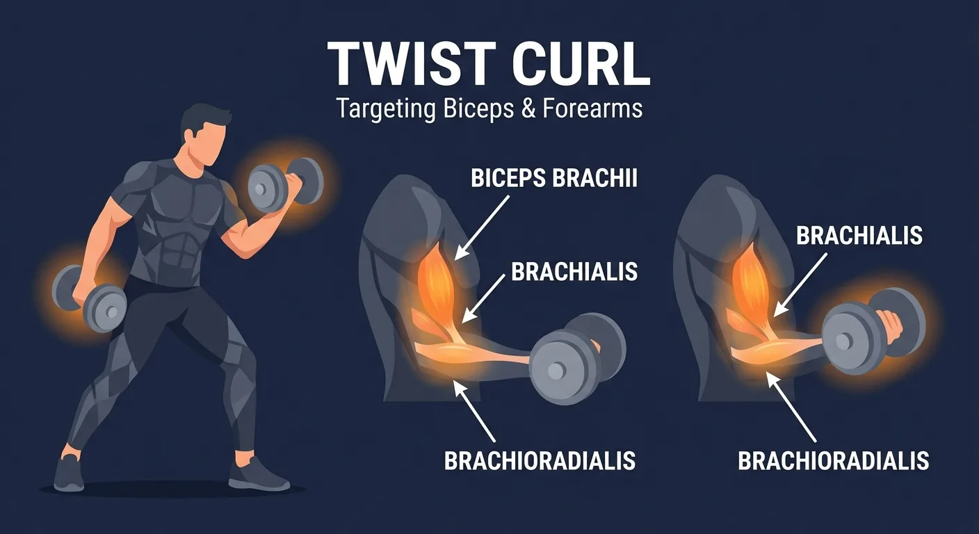 Twist curl muscles worked: biceps brachii as the primary mover, with brachialis, brachioradialis, wrist flexors, and forearm supinators assisting