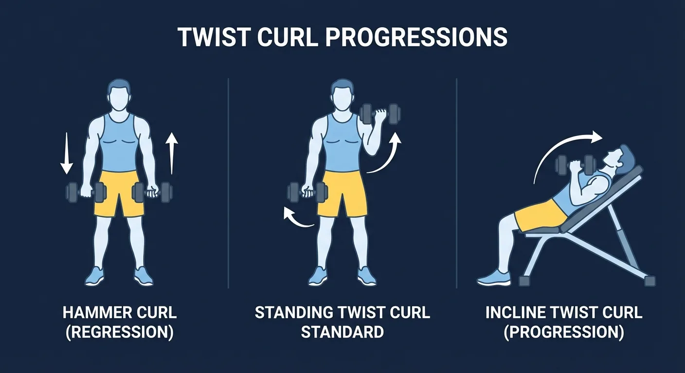 Twist curl progression path showing hammer curl regression, standard standing twist curl, paused twist curl, and incline twist curl progression