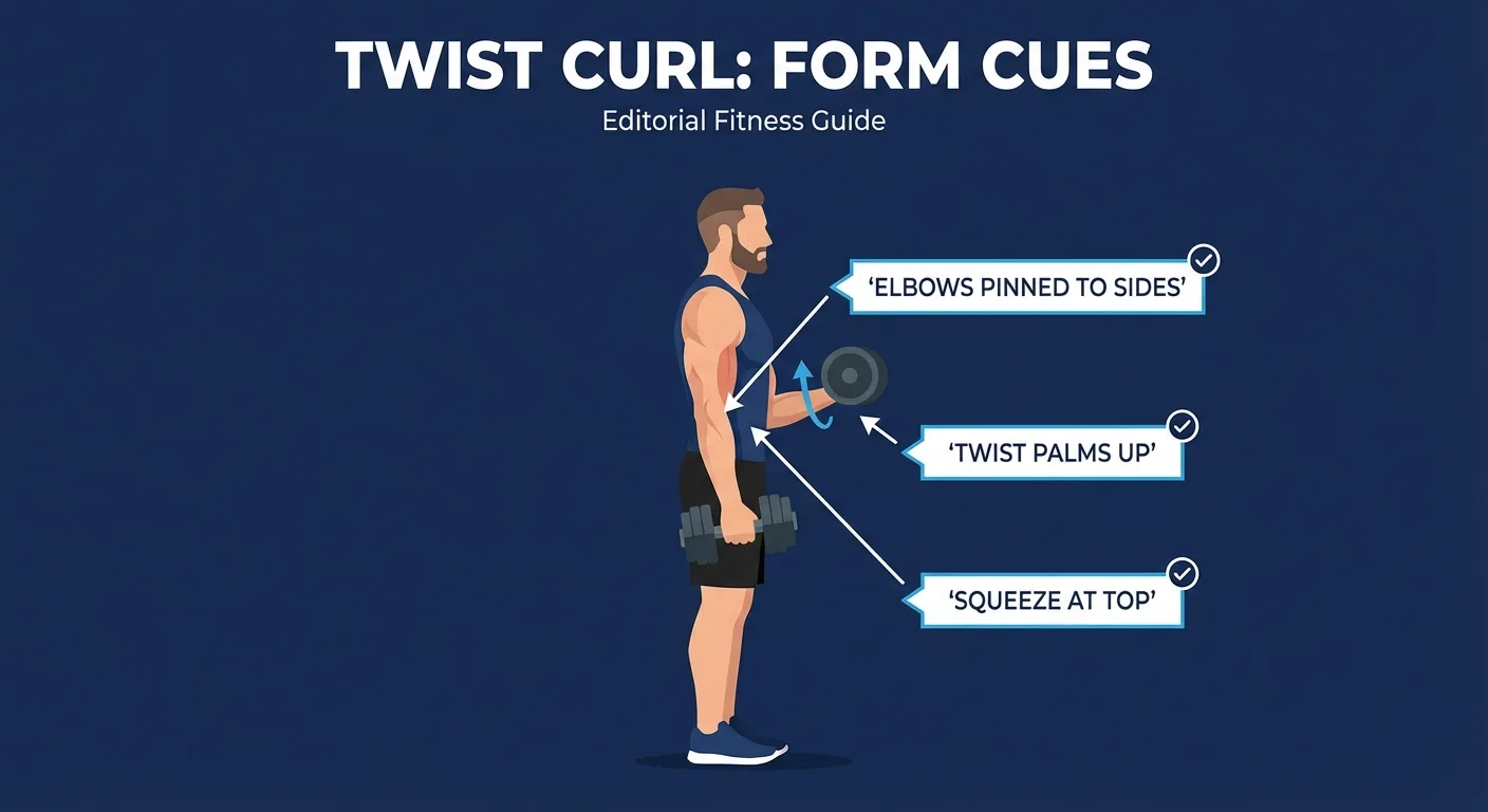 Twist curl proper form showing neutral grip start, palms-up finish, elbows pinned to the sides, and wrists kept straight