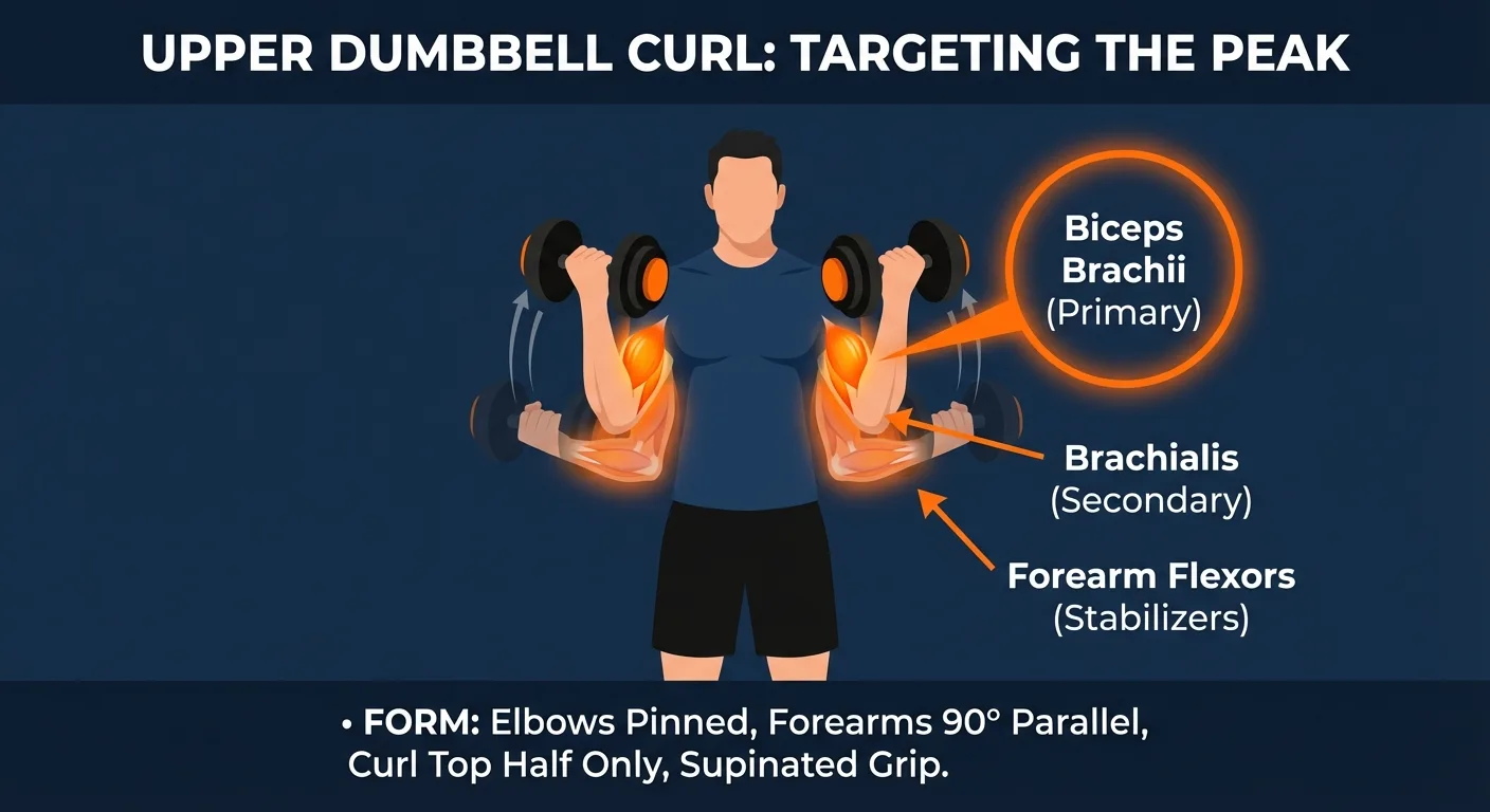 Upper curl muscles worked: biceps brachii as the primary mover, with brachialis, brachioradialis, forearms, and shoulder stabilizers assisting