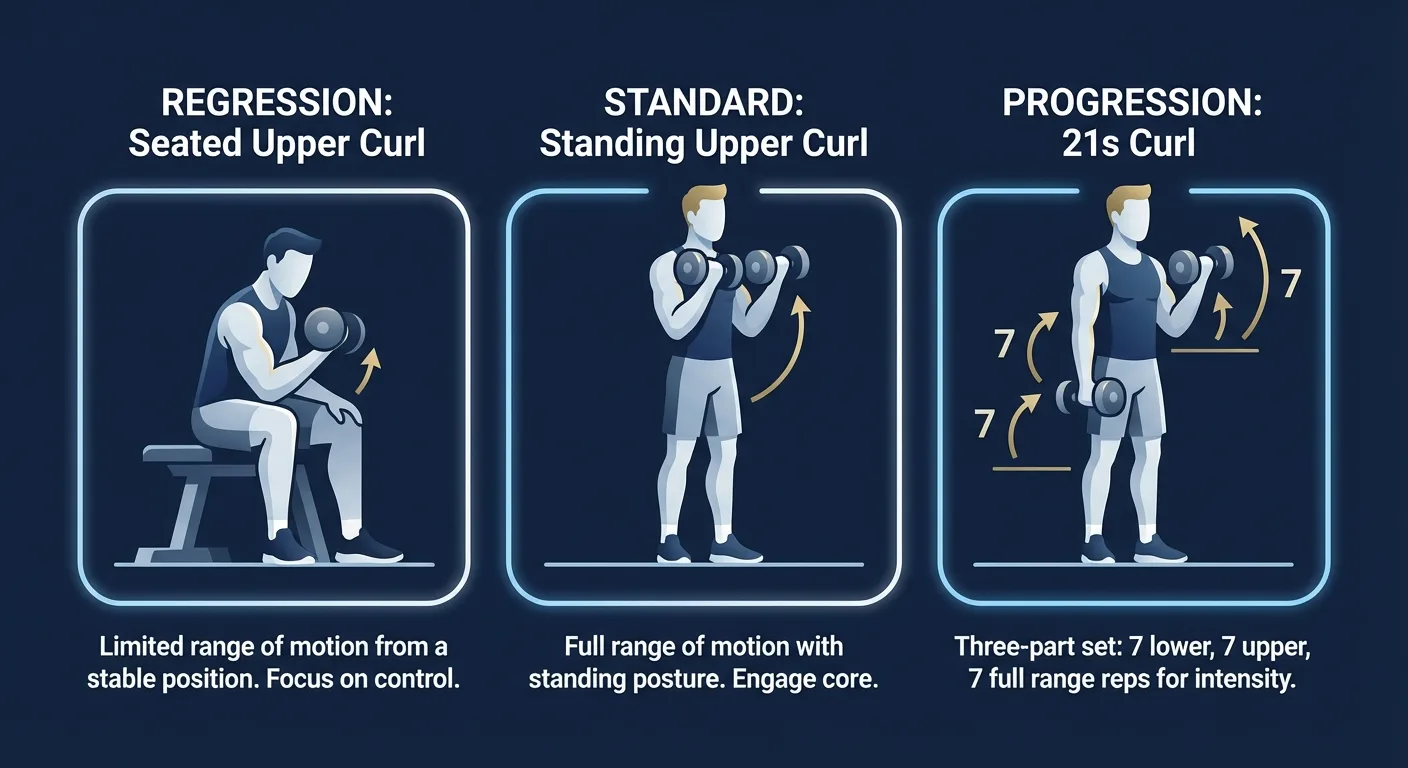 Upper curl variations: seated upper curl regression, standing upper curl, hammer curl, lower curl, and 21s progression