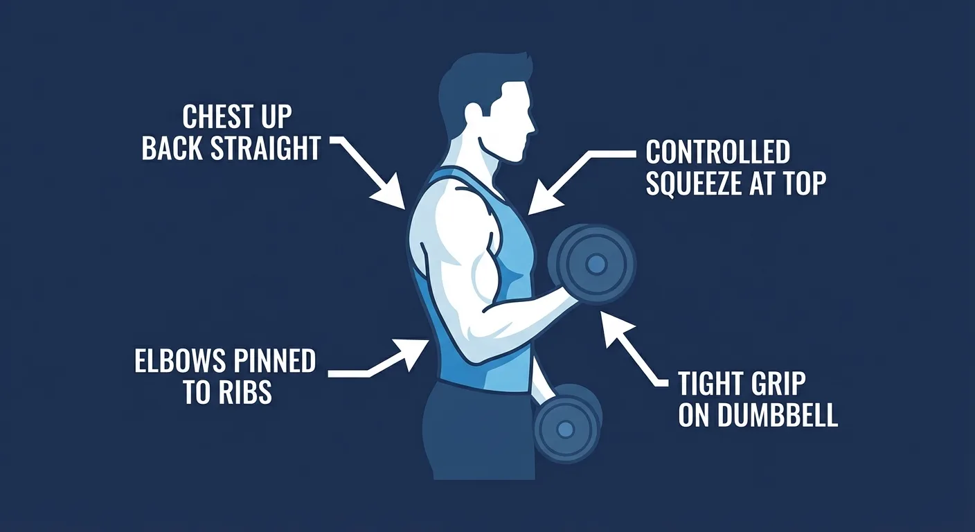 Upper curl proper form: elbows pinned to ribs, wrists straight, torso still, and dumbbells moving from the halfway point to peak contraction