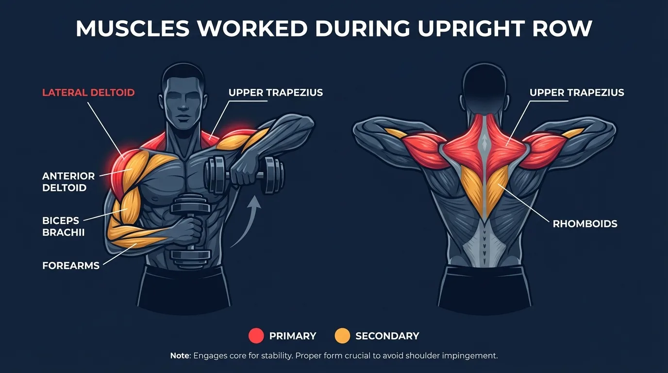 Upright row muscles activated: lateral deltoids and upper trapezius as primary movers, with anterior deltoids, biceps, forearms, and scapular stabilizers assisting