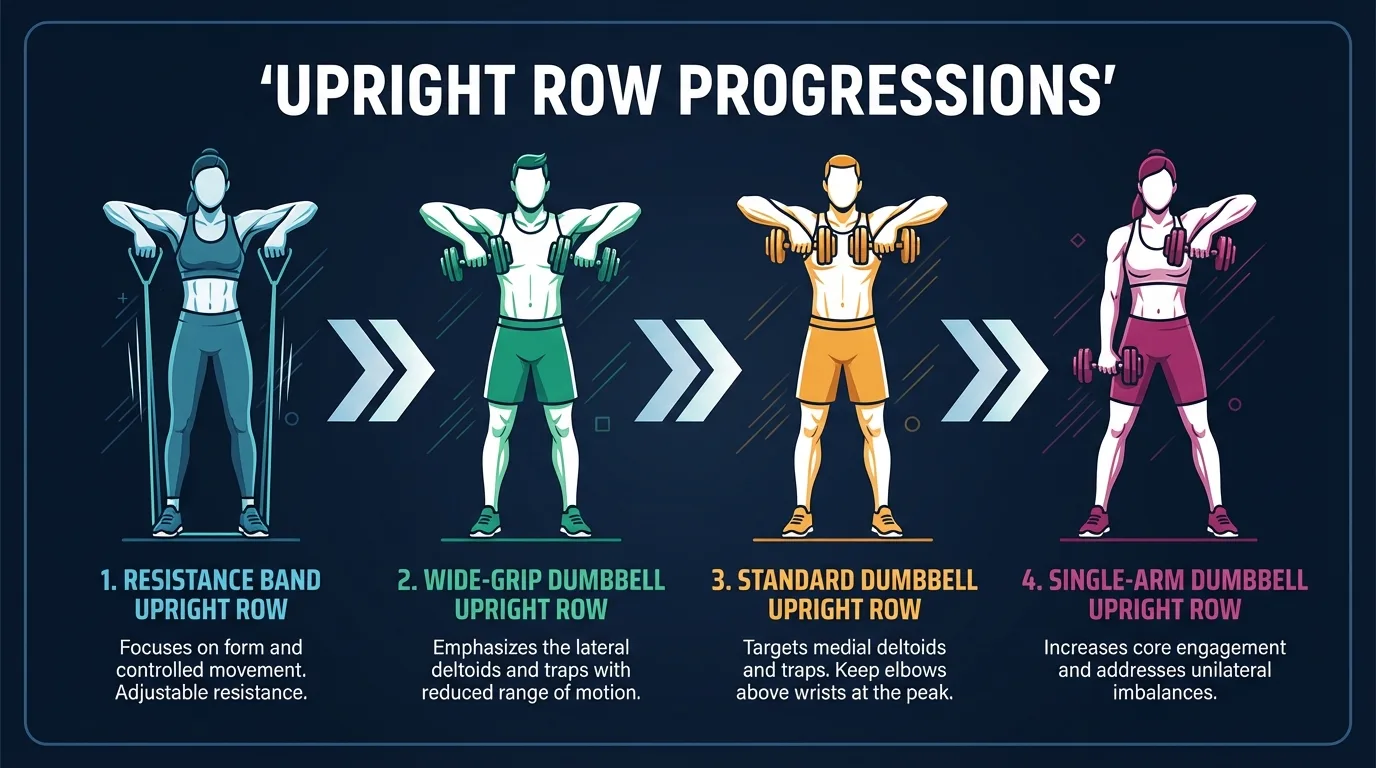 Upright row progression path from resistance band upright row to wide-grip dumbbell upright row, standard dumbbell upright row, and single-arm dumbbell upright row
