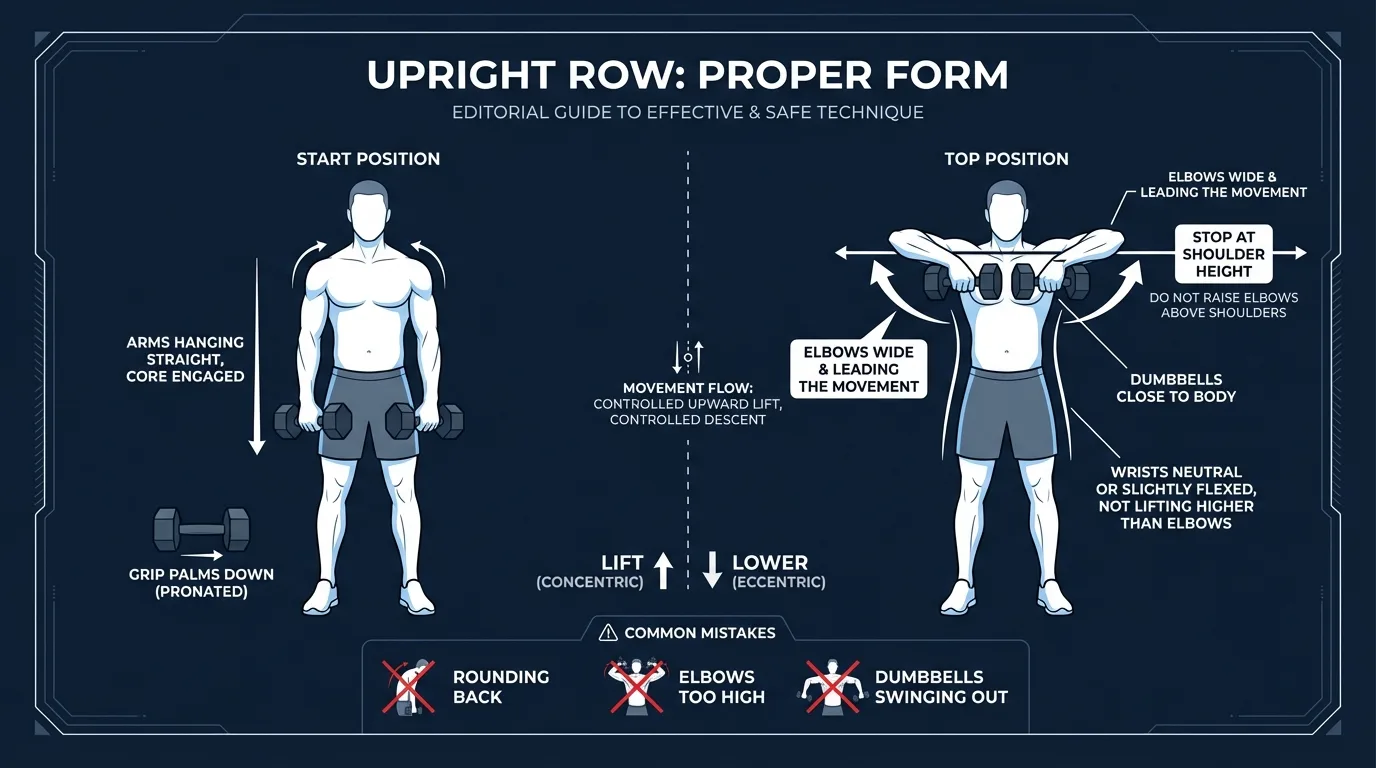 Dumbbell upright row proper form showing elbows leading outward and stopping at shoulder height while dumbbells stay close to the torso