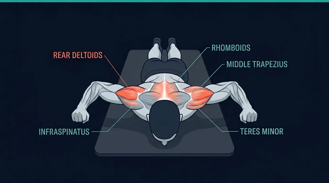 Prone W raise muscles worked: rear deltoids, rhomboids, middle trapezius, lower trapezius, and rotator cuff external rotators