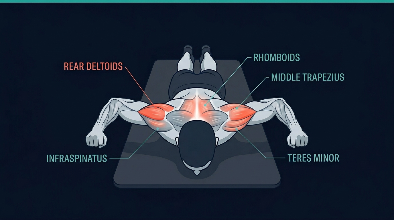 Prone W raise muscles worked: rear deltoids, rhomboids, middle trapezius, lower trapezius, and rotator cuff external rotators