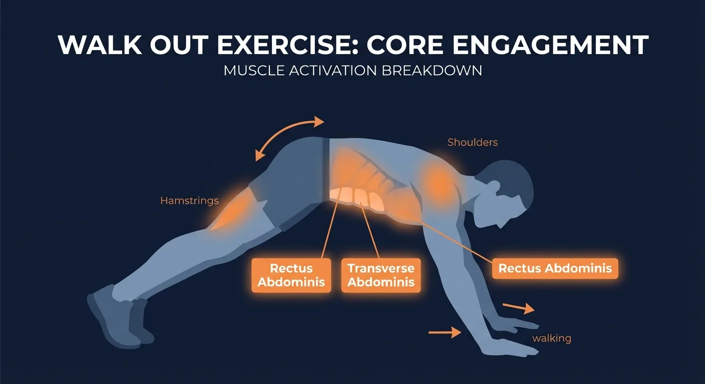 Walk out muscles activated: rectus abdominis, transverse abdominis, obliques, chest, shoulders, triceps, glutes, and hamstrings during the standing-to-plank movement