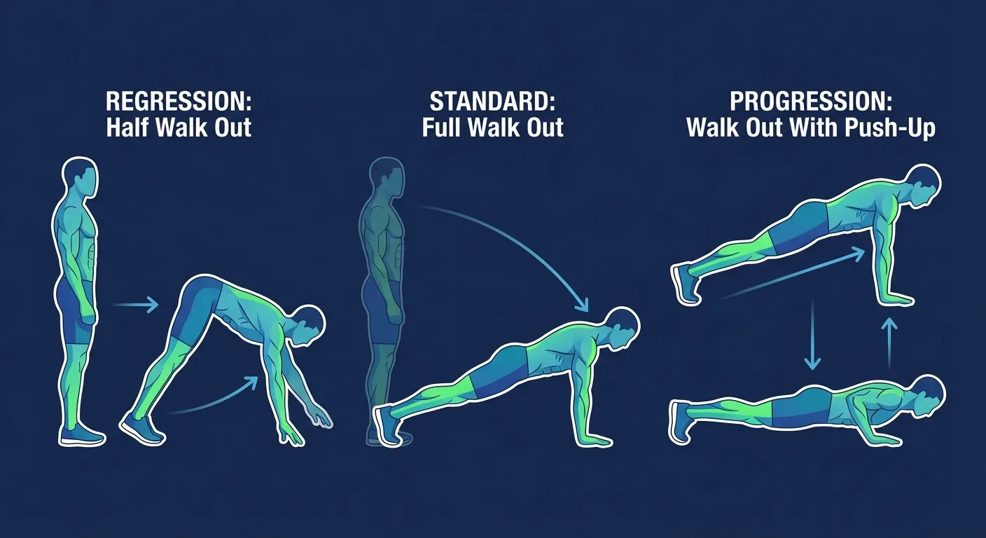 Walk out progressions showing half walk out regression, standard walk out, and walk out with push-up progression