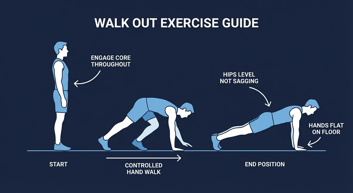 Walk out proper form: controlled hand-over-hand movement from standing to high plank with neutral spine, level hips, and flat palms