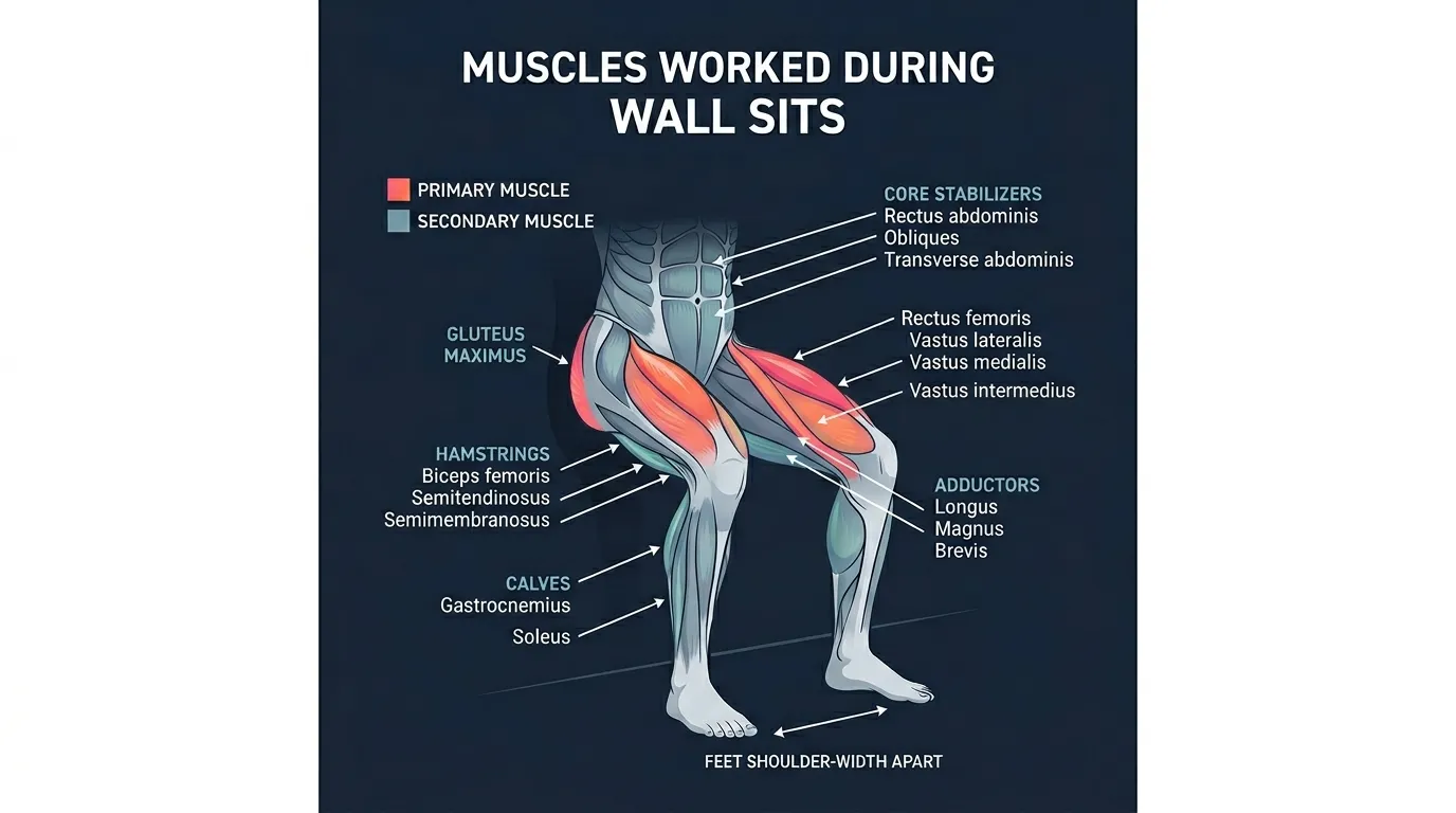 Wall sit muscles targeted: quadriceps as primary movers with glutes, hamstrings, calves, hips, and core stabilizing the hold