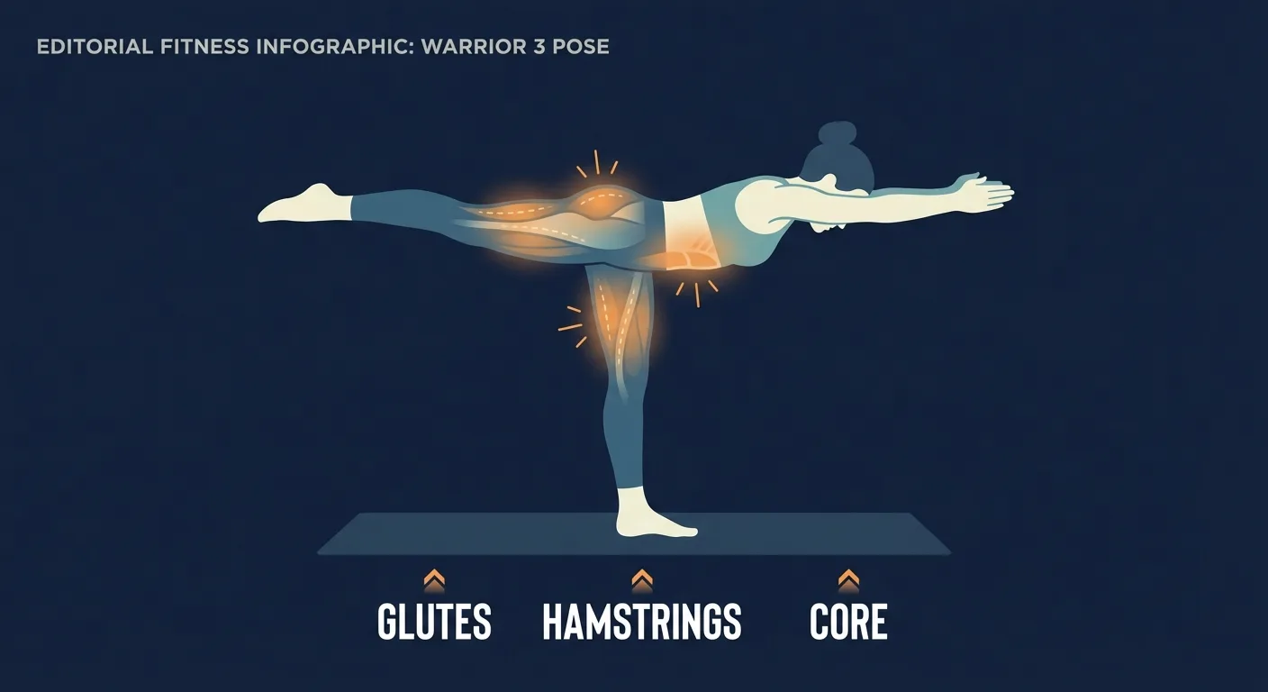 Warrior 3 pose muscles engaged and stretched: glutes, hamstrings, spinal erectors, deep core, ankle stabilizers, shoulders, and calves